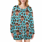 Custom Face Leopard Pajama Set Personalized Women's Long Sleeve Top and Shorts 2 Piece Loungewear