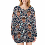 Custom Face Leopard Pajama Set Personalized Women's Long Sleeve Top and Shorts 2 Piece Loungewear