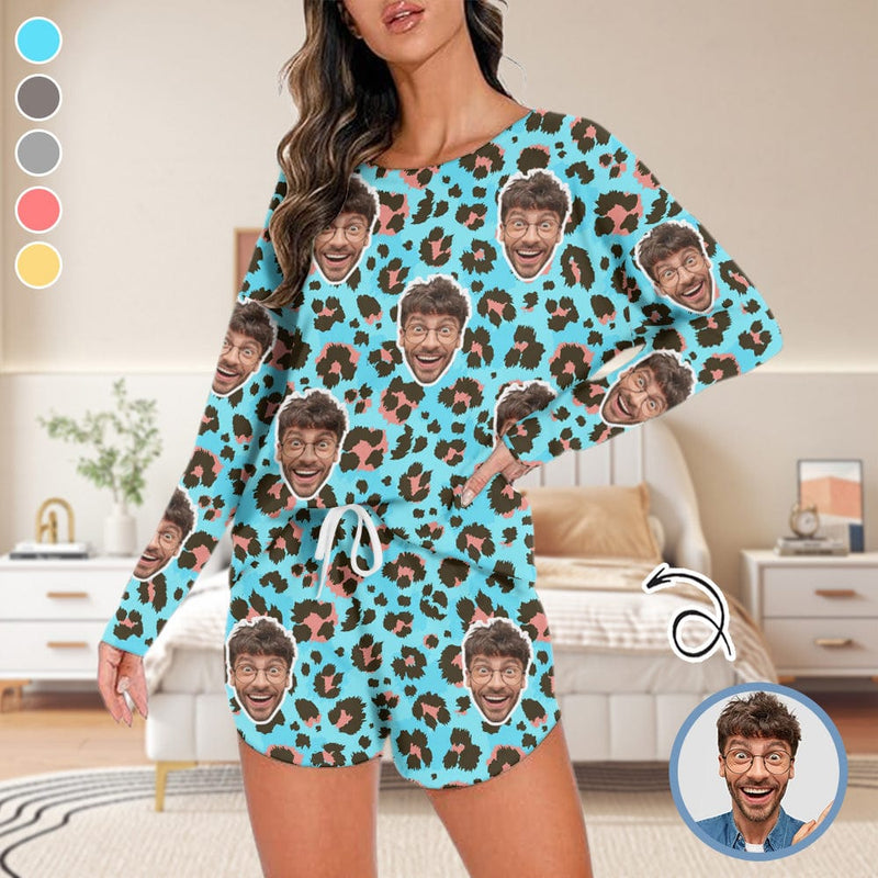 Custom Face Leopard Pajama Set Personalized Women's Long Sleeve Top and Shorts 2 Piece Loungewear