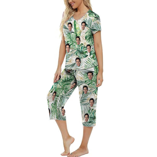 Personalized Sleepwear Pajama Set Custom Face Palm Leaves Women's Loungewear Set Short Sleeve Shirt and Capri Pants
