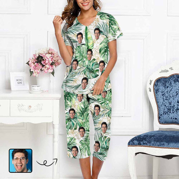 Personalized Sleepwear Pajama Set Custom Face Palm Leaves Women's Loungewear Set Short Sleeve Shirt and Capri Pants
