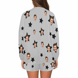 Custom Face Stars Grey Women's Pajama Set Long Sleeve Top and Shorts Personalized Loungewear Tracksuits