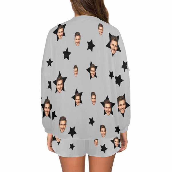 Custom Face Stars Grey Women's Pajama Set Long Sleeve Top and Shorts Personalized Loungewear Tracksuits