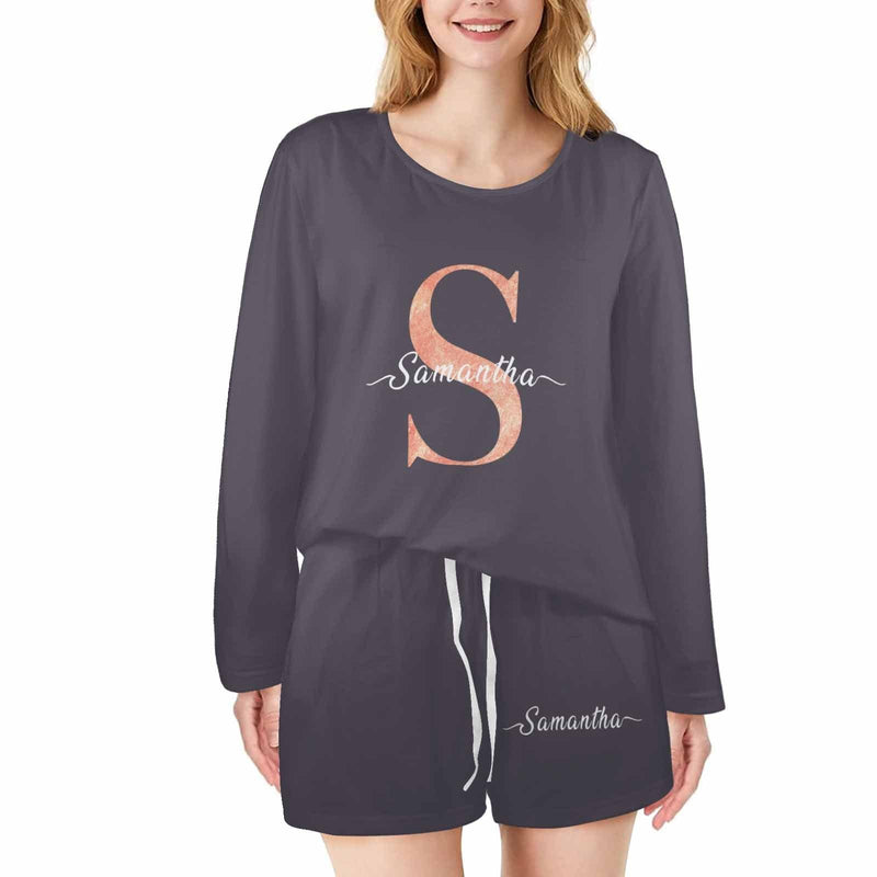 Custom Initials&Name Pajama Set Personalized Women's Long Sleeve Top and Shorts 2 Piece Loungewear