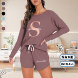Custom Initials&Name Pajama Set Personalized Women's Long Sleeve Top and Shorts 2 Piece Loungewear
