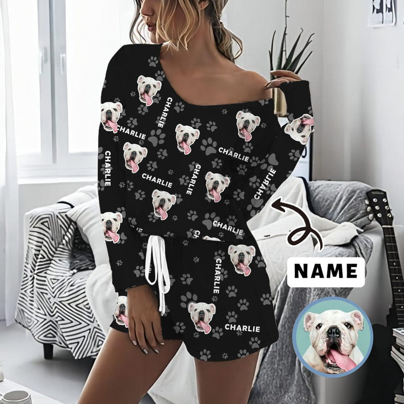 Custom Pet Face&Name Pajama Set Personalized Women's Long Sleeve Top and Shorts 2 Piece Loungewear