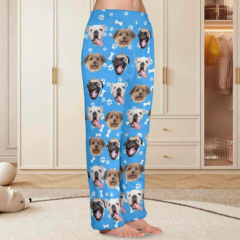 Coral Fleece Pajama Trousers-Custom Pet Face Bone Foot Print Warm and Comfortable Sleepwear Long Pajama Pants For Men Women
