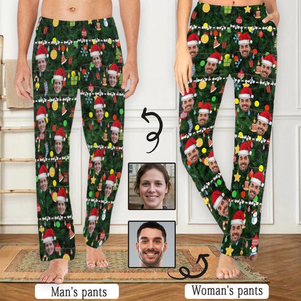 Custom Face Christmas Red Hat Trinkets Women's&Men's Long Pajama Pants