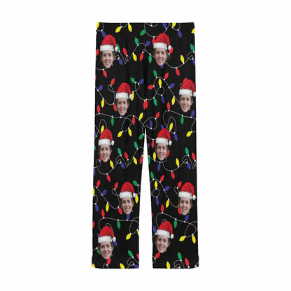 Custom Face Colored Light Bulbs Christmas Red Hat Sleepwear Personalized Women's&Men's Slumber Party Long Pajama Pants