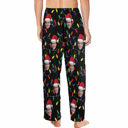 Custom Face Colored Light Bulbs Christmas Red Hat Sleepwear Personalized Women's&Men's Slumber Party Long Pajama Pants