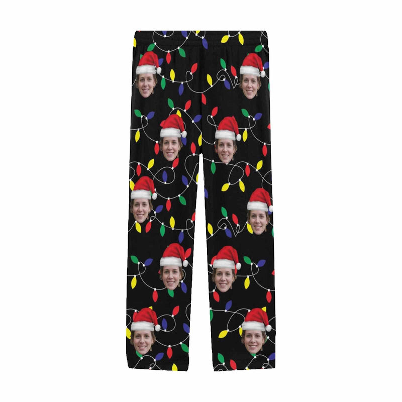 Custom Face Colored Light Bulbs Christmas Red Hat Sleepwear Personalized Women's&Men's Slumber Party Long Pajama Pants