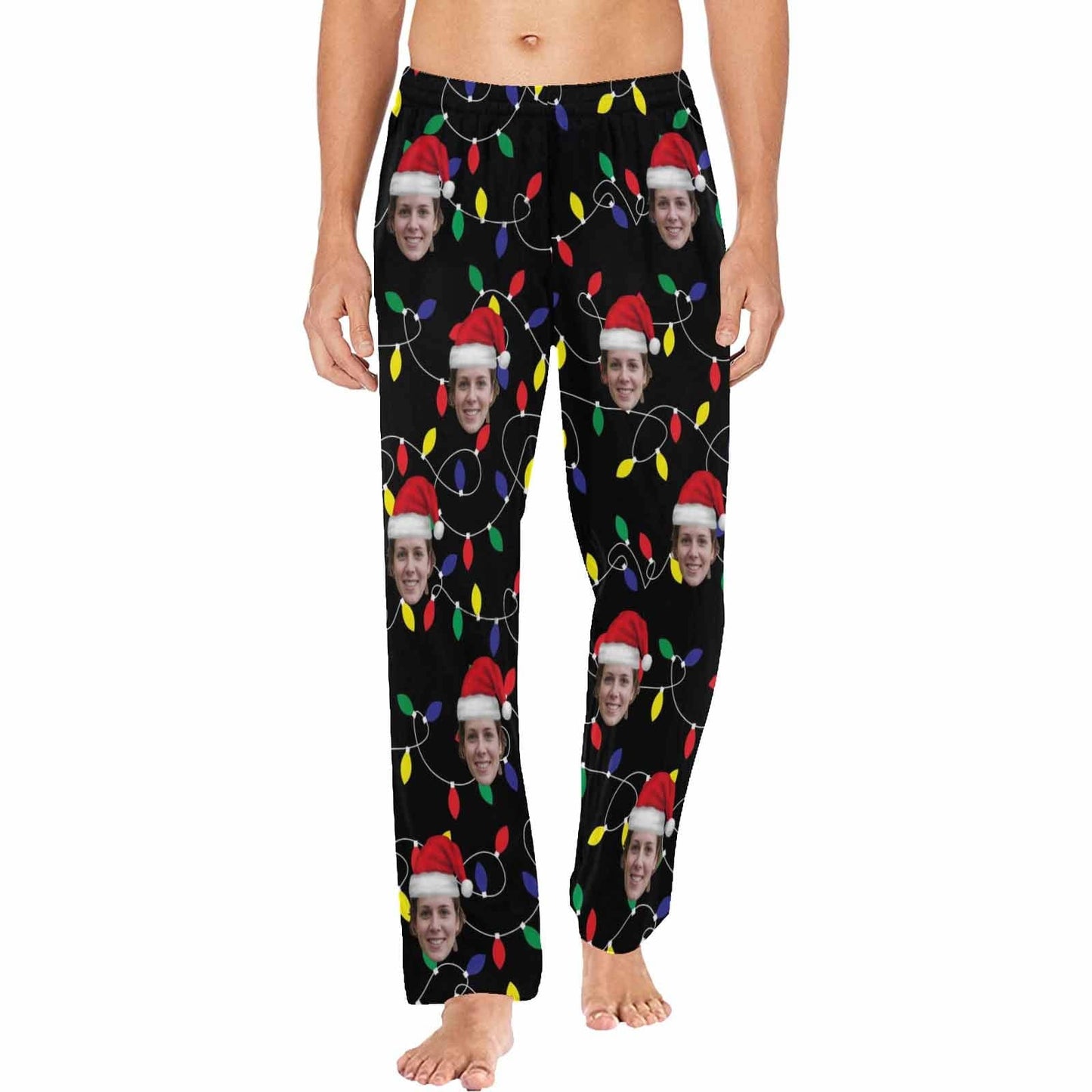 Custom Face Colored Light Bulbs Christmas Red Hat Sleepwear Personalized Women's&Men's Slumber Party Long Pajama Pants