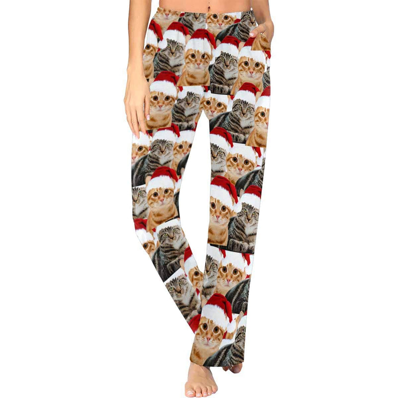 Custom Face Pet Cat Christmas Red Hat Sleepwear Personalized Women's&Men's Slumber Party Long Pajama Pants