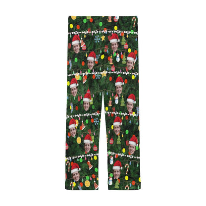 Custom Face Christmas Red Hat Tree Trinkets Sleepwear Personalized Women's&Men's Slumber Party Long Pajama Pants