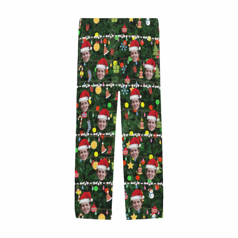 Custom Face Christmas Red Hat Tree Trinkets Sleepwear Personalized Women's&Men's Slumber Party Long Pajama Pants