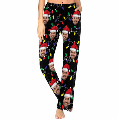 Custom Face Colored Light Bulbs Christmas Red Hat Sleepwear Personalized Women's&Men's Slumber Party Long Pajama Pants