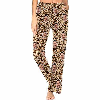 Custom Face Leopard Print Sleepwear Personalized Women's&Men's Slumber Party Long Pajama Pants