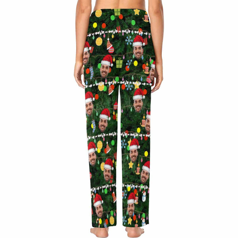 Custom Face Christmas Red Hat Tree Trinkets Sleepwear Personalized Women's&Men's Slumber Party Long Pajama Pants