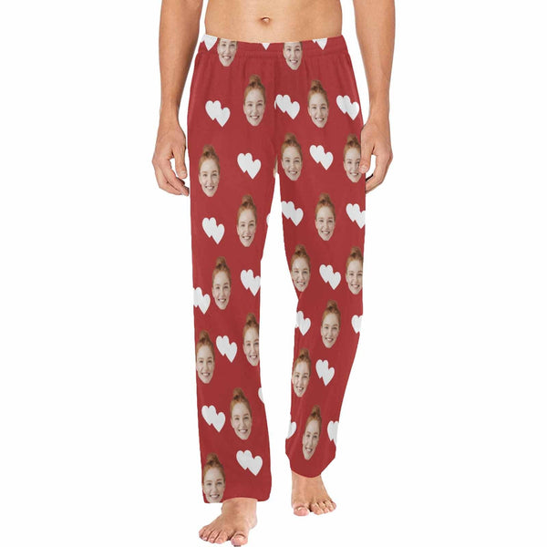 Custom Couple Face White Hearts Red Background Sleepwear Personalized Women's&Men's Slumber Party Long Pajama Pants