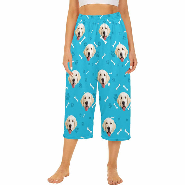 Custom Dog Face Blue Cropped Pajama Pants For Women Girlfriend Fashion Gift Personalized Cute