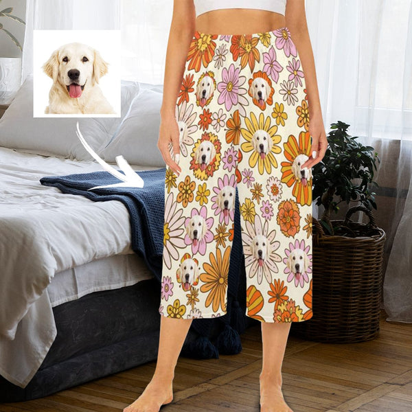 Custom Dog Face Flowers Cropped Pajama Pants For Women Girlfriend Fashion Gift Personalized