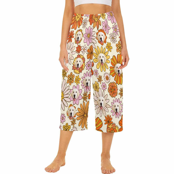 Custom Dog Face Flowers Cropped Pajama Pants For Women Girlfriend Fashion Gift Personalized