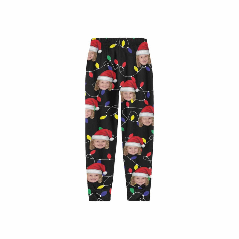 Custom Face Colored Light Bulbs Christmas Red Hat Sleepwear Personalized Women's&Men's Slumber Party Long Pajama Pants