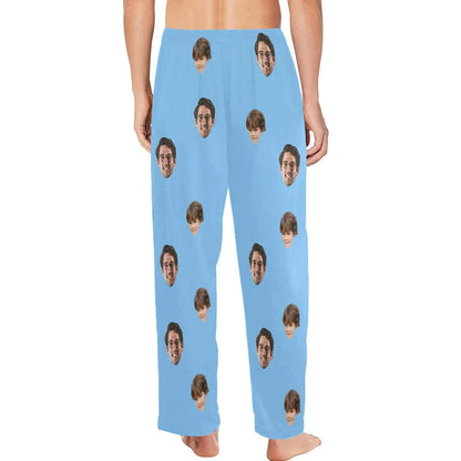 Custom Face Long Pajama Pants Simple Blue Personalized Men's Slumber Party Sleepwear