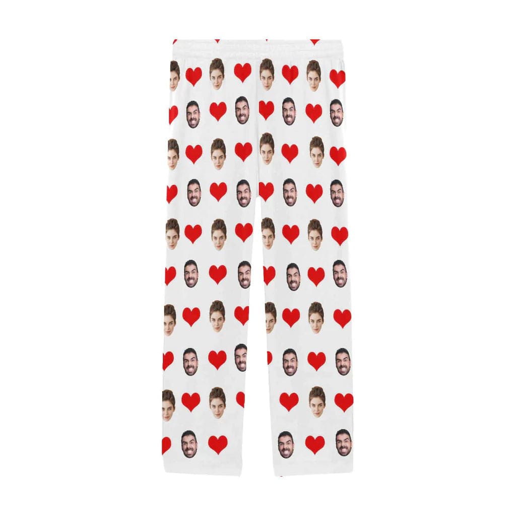 Custom Face Long Pajama Pants with Red Love Heart Personalized Men's Slumber Party Sleepwear