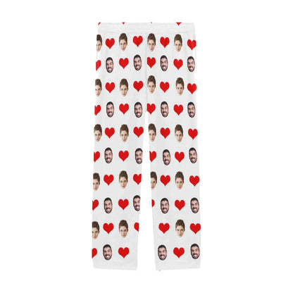 Custom Face Long Pajama Pants with Red Love Heart Personalized Men's Slumber Party Sleepwear