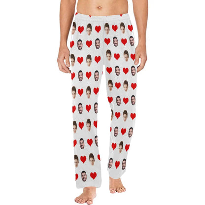 Custom Face Long Pajama Pants with Red Love Heart Personalized Men's Slumber Party Sleepwear