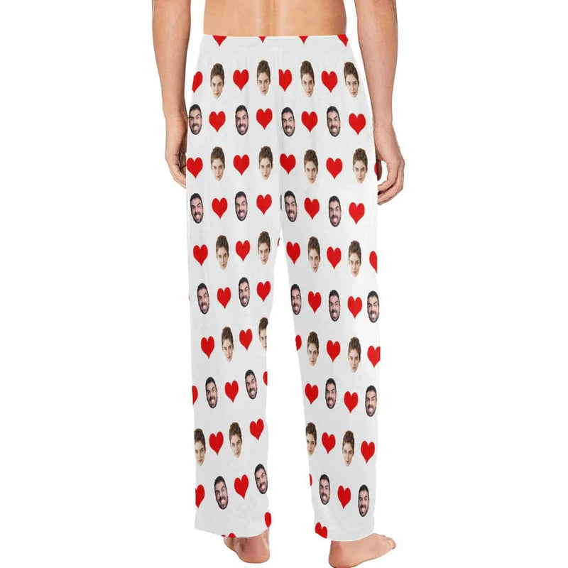 Custom Face Long Pajama Pants with Red Love Heart Personalized Men's Slumber Party Sleepwear