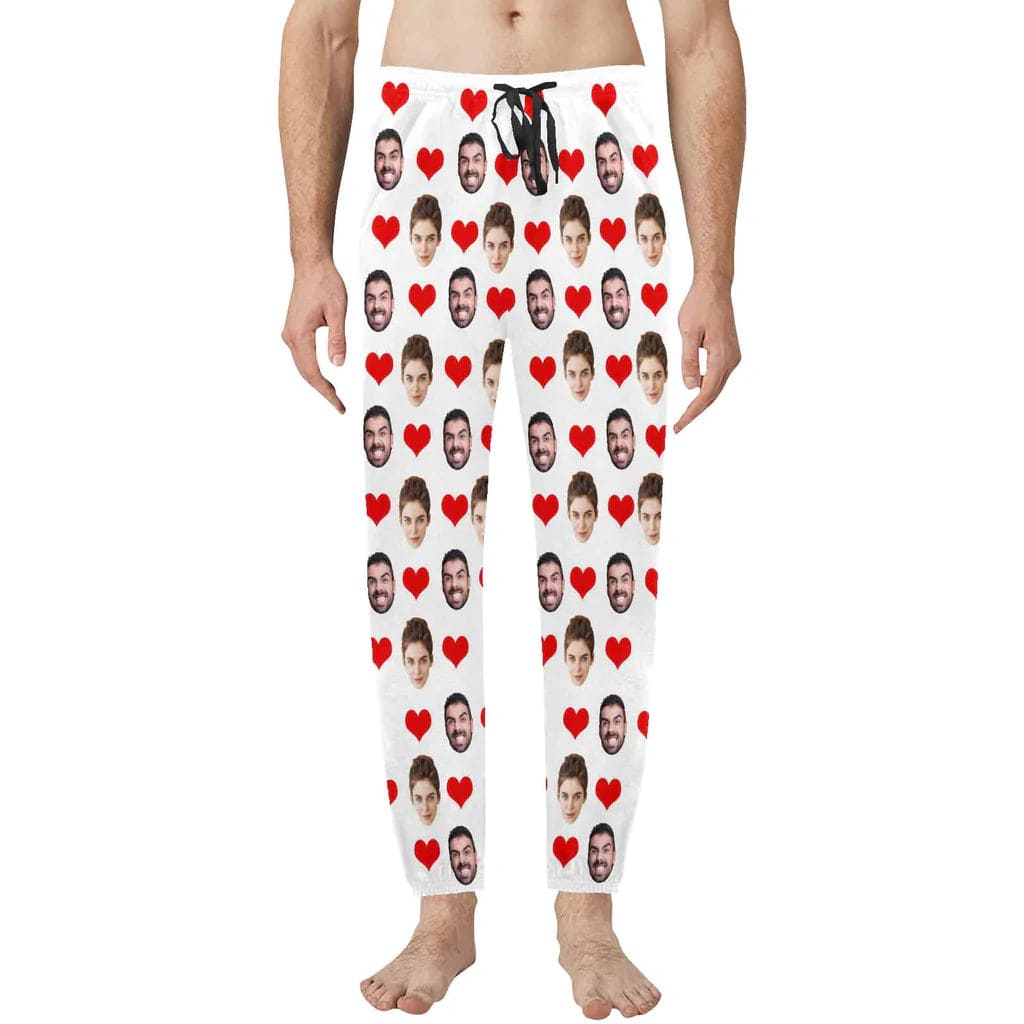 Custom Face Long Pajama Pants with Red Love Heart Personalized Men's Slumber Party Sleepwear