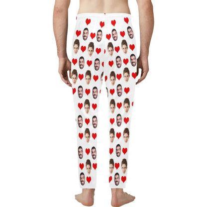 Custom Face Long Pajama Pants with Red Love Heart Personalized Men's Slumber Party Sleepwear