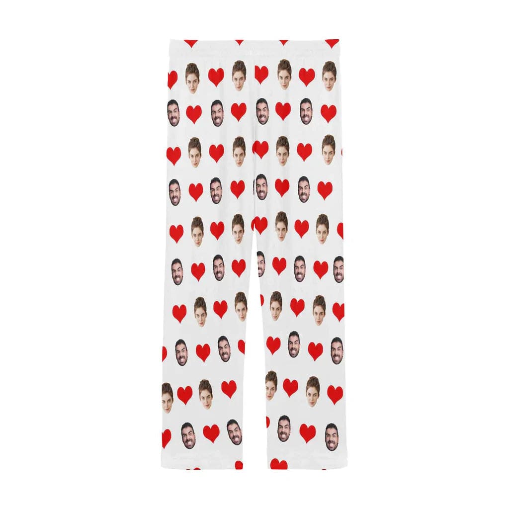 Custom Face Long Pajama Pants with Red Love Heart Personalized Men's Slumber Party Sleepwear