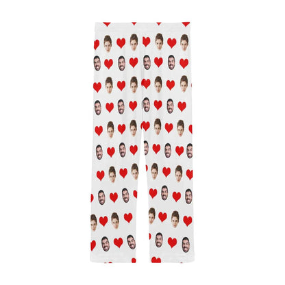 Custom Face Long Pajama Pants with Red Love Heart Personalized Men's Slumber Party Sleepwear