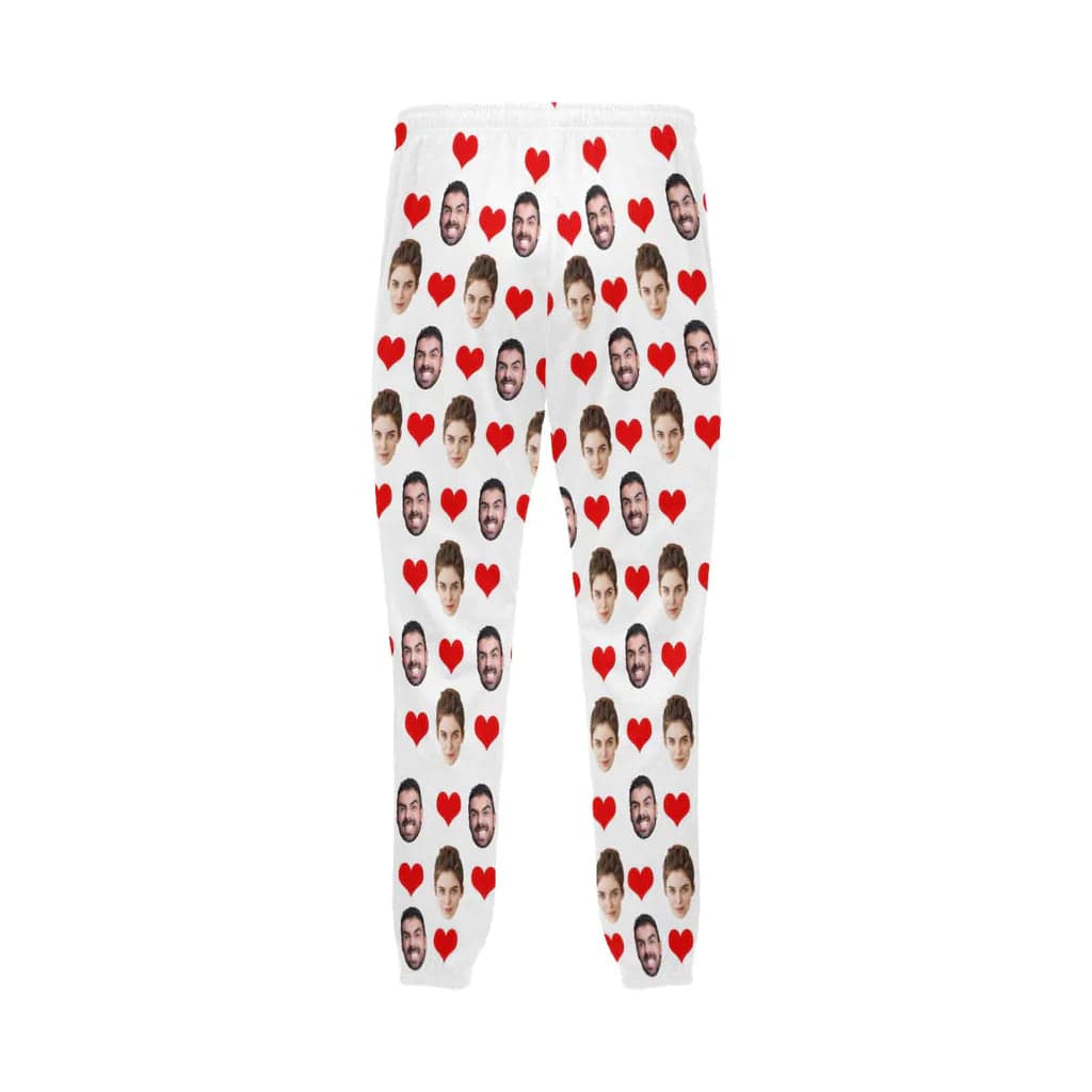 Custom Face Long Pajama Pants with Red Love Heart Personalized Men's Slumber Party Sleepwear