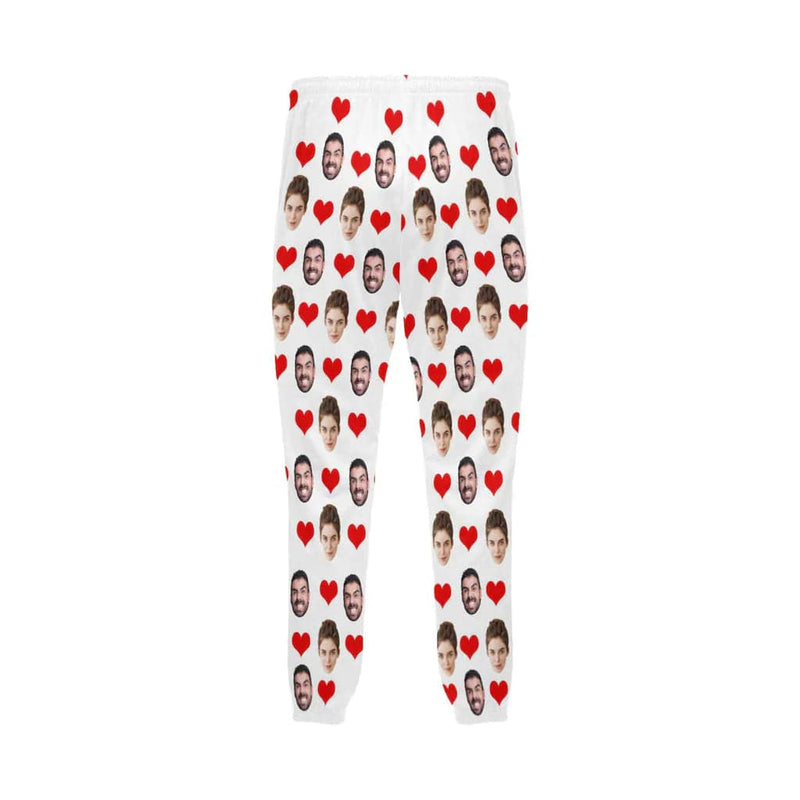 Custom Face Long Pajama Pants with Red Love Heart Personalized Men's Slumber Party Sleepwear