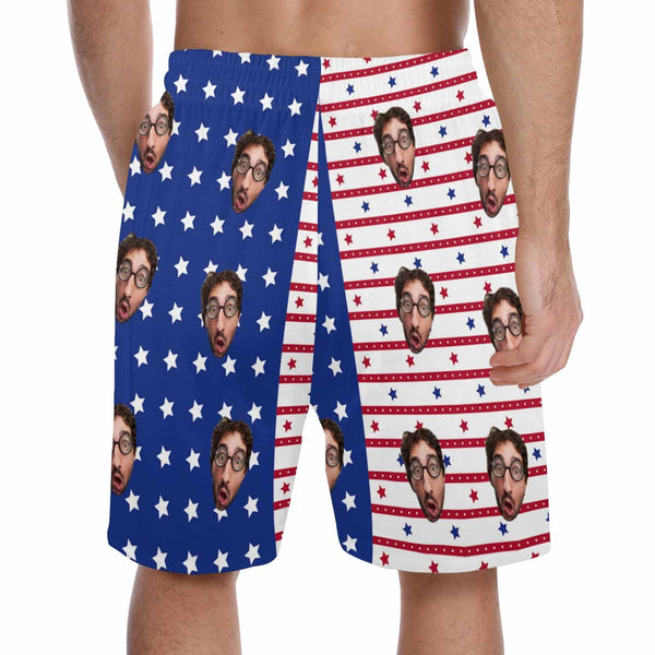 Custom Face & Name Men's Pajama Shorts Personalized American Flag Sleepwear Shorts