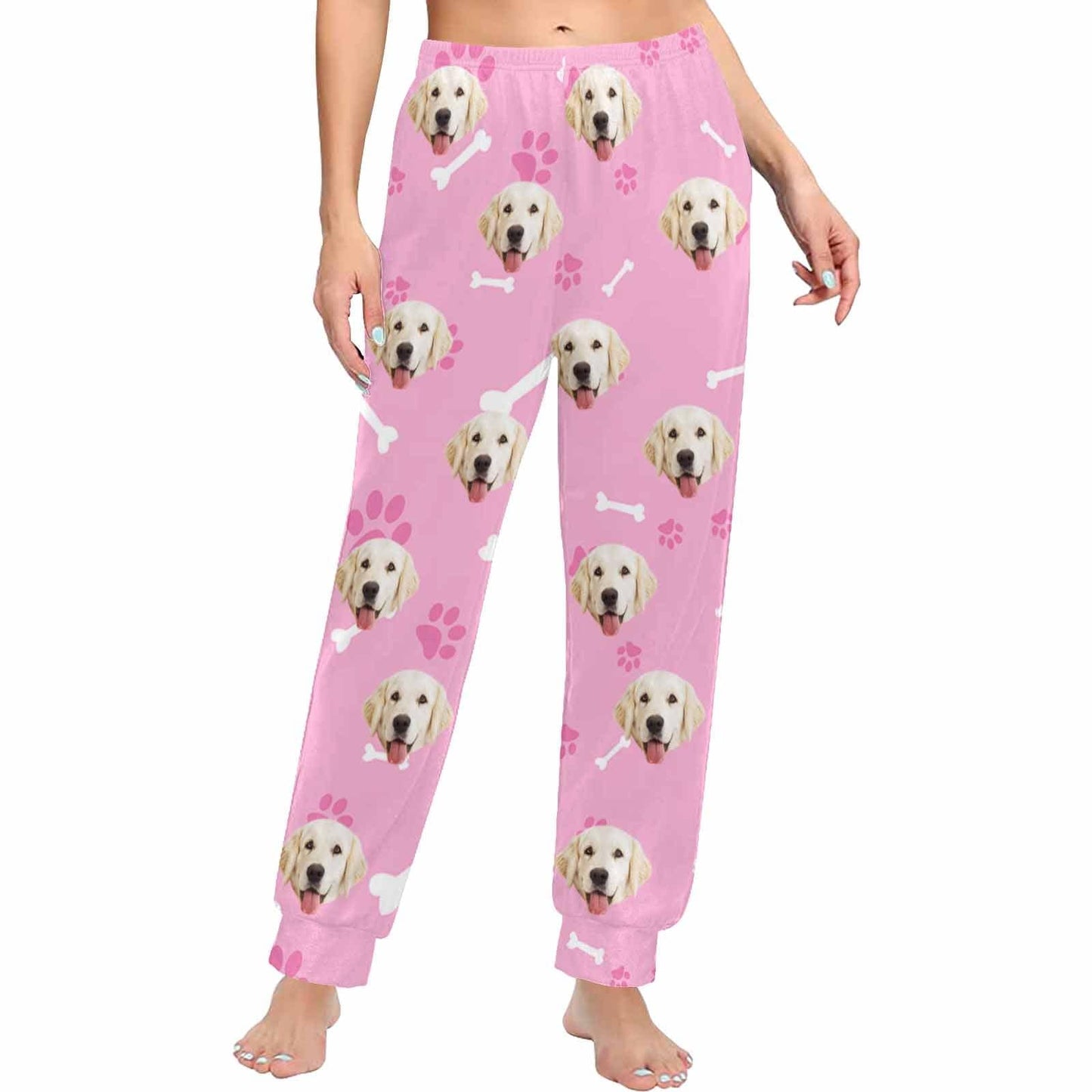 Custom Face Pet Dog Bone Pink Long Pajama Shirt&Pants Personalized Women's Slumber Party Sleepwear