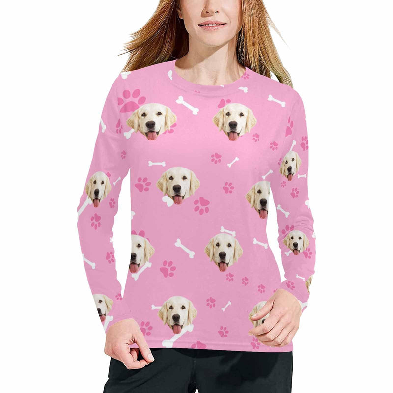 Custom Face Pet Dog Bone Pink Long Pajama Shirt&Pants Personalized Women's Slumber Party Sleepwear