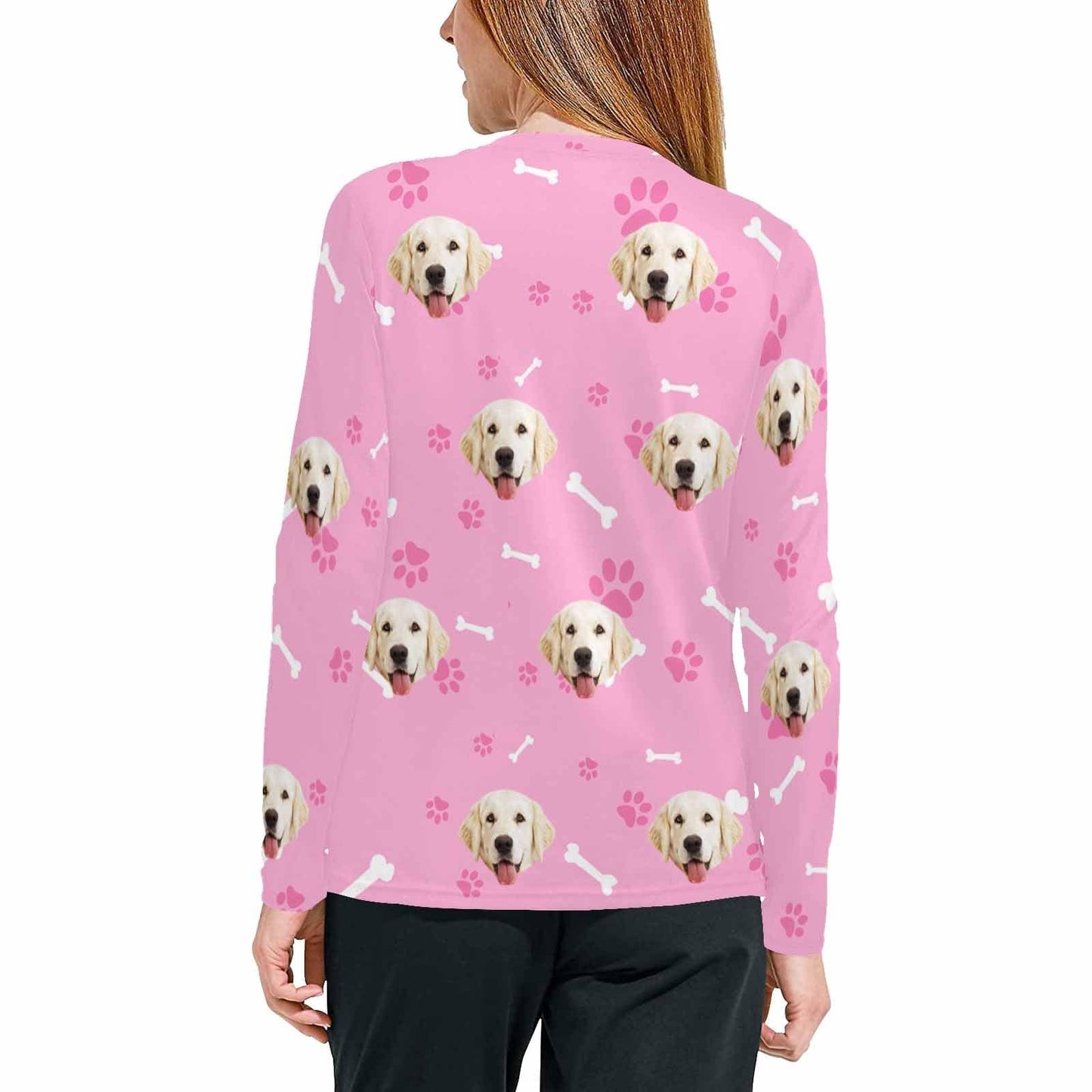 Custom Face Pet Dog Bone Pink Long Pajama Shirt&Pants Personalized Women's Slumber Party Sleepwear