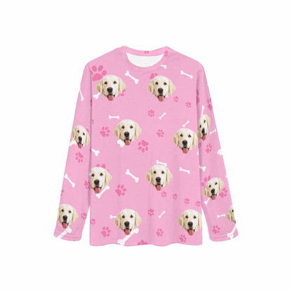 Custom Face Pet Dog Bone Pink Long Pajama Shirt&Pants Personalized Women's Slumber Party Sleepwear