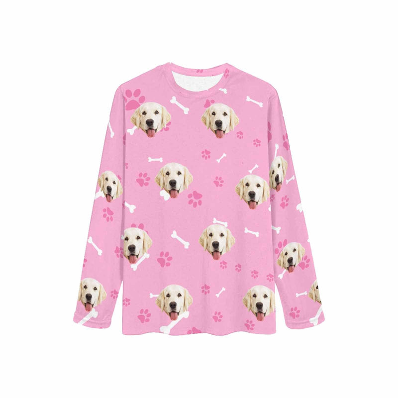 Custom Face Women's Long Pajama Shirt&Pant Personalized Pet Bone Pink Sleepwear