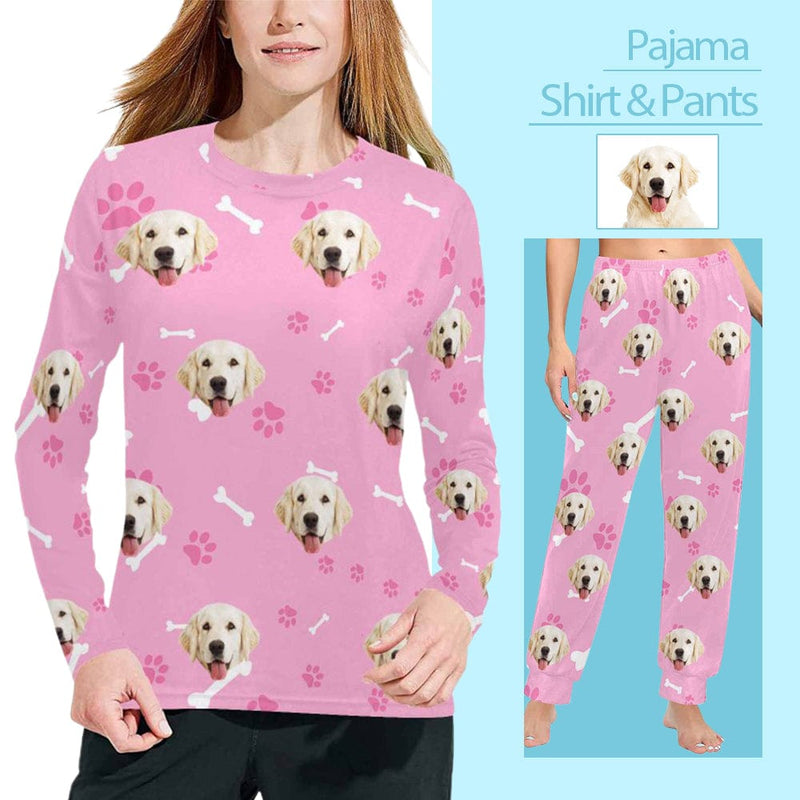 Custom Face Pet Dog Bone Pink Women's Long Pajama Shirt&Pants