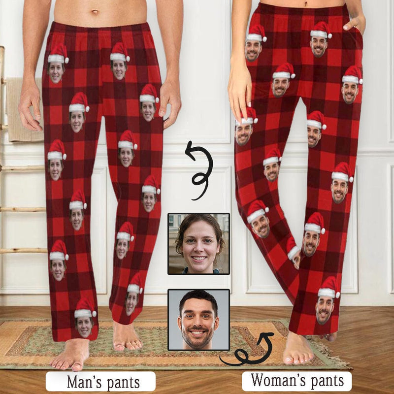 Custom Face Red Plaid Christmas Hat Women's&Men's Long Pajama Pants