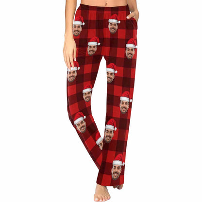 Custom Face Red Plaid Christmas Hat Sleepwear Personalized Women's&Men's Slumber Party Long Pajama Pants