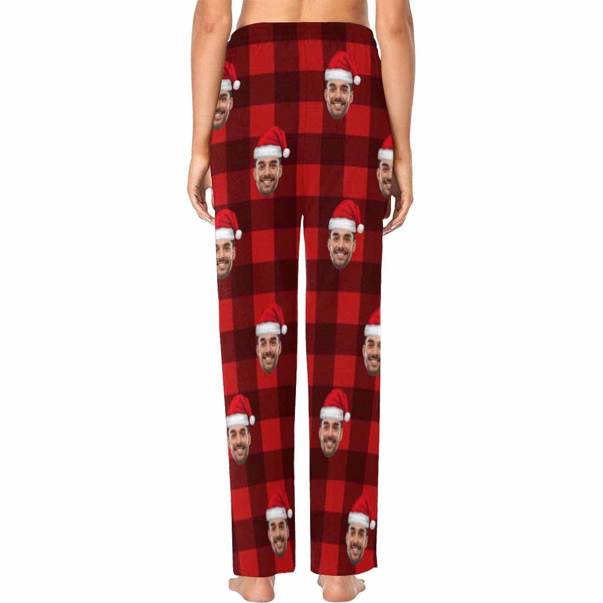 Custom Face Red Plaid Christmas Hat Sleepwear Personalized Women's&Men's Slumber Party Long Pajama Pants