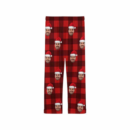 Custom Face Red Plaid Christmas Hat Sleepwear Personalized Women's&Men's Slumber Party Long Pajama Pants