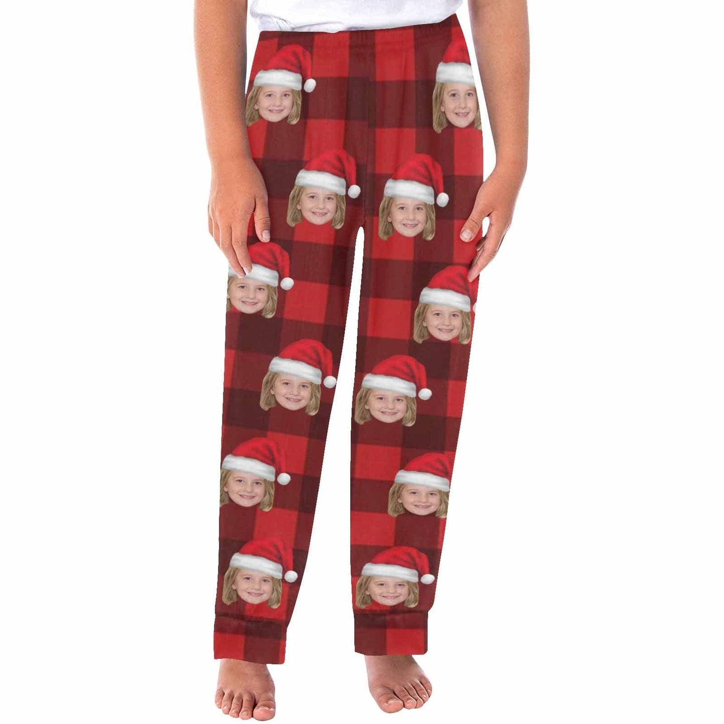 Custom Face Red Plaid Christmas Hat Sleepwear Personalized Women's&Men's Slumber Party Long Pajama Pants